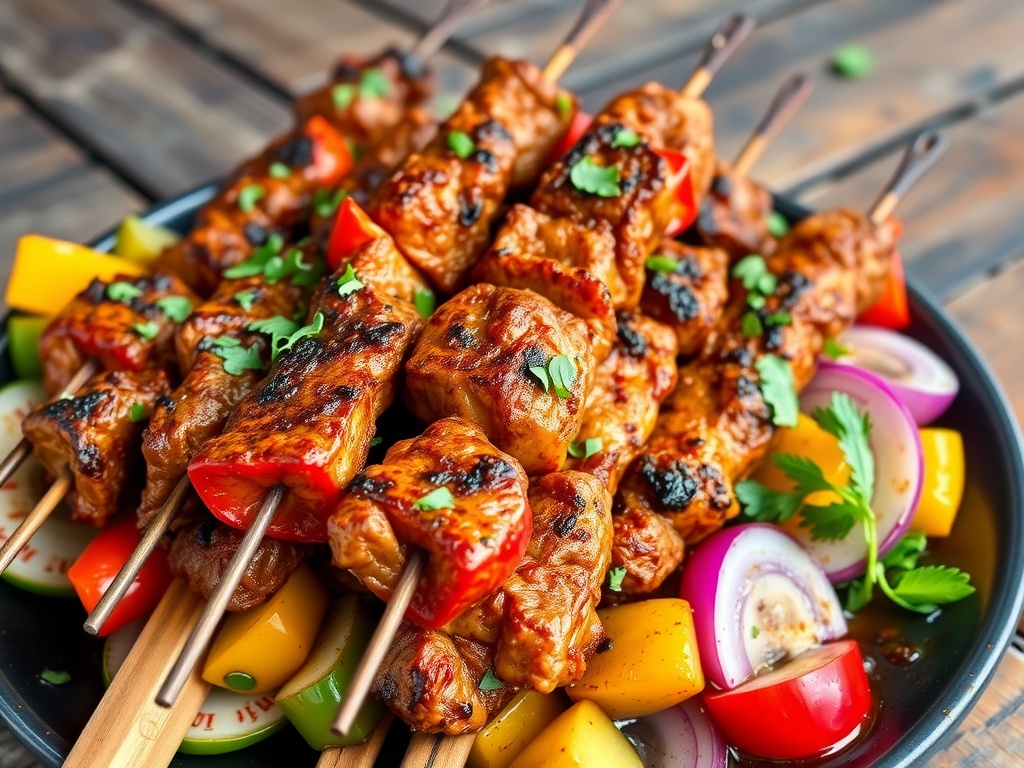 Spiced Beef Kebab Skewers Recipe Grilled beef kebab skewers with colorful vegetables on a rustic outdoor table, garnished with fresh herbs.